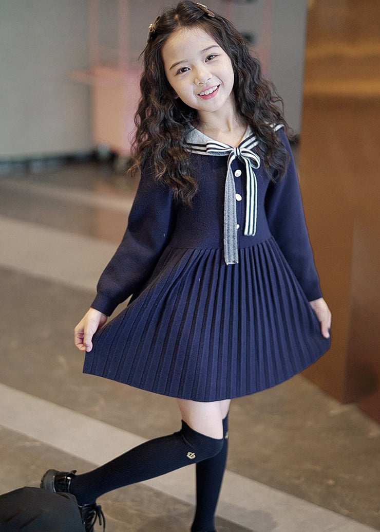 Fine Navy Bow Patchwork Wrinkled Knit Kids Mid Dress Spring