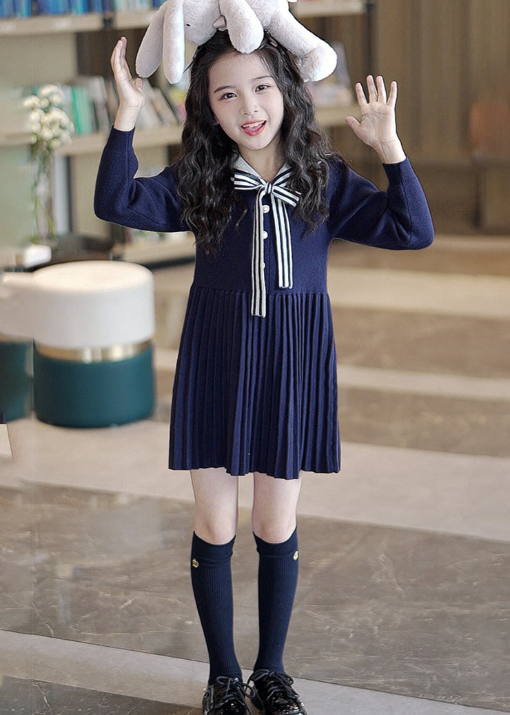 Fine Navy Bow Patchwork Wrinkled Knit Kids Mid Dress Spring