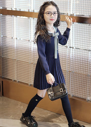 Fine Navy Bow Patchwork Wrinkled Knit Kids Mid Dress Spring