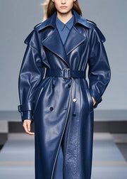 Fine Navy Double Breast Tie Waist Faux Leather Trench Fall