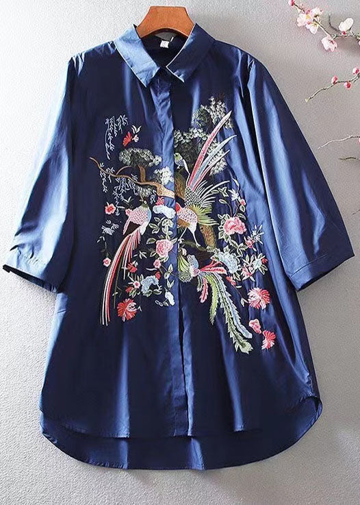 Fine Navy Embroidered Cotton Shirt Summer