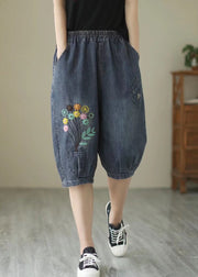 Fine Navy Embroideried Floral Denim Harem Pants Summer