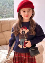 Fine Navy O-Neck Graphic Cotton Knit Kids Girls Sweaters Spring