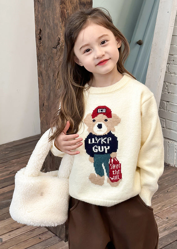 Fine Navy O-Neck Graphic Cotton Knit Kids Girls Sweaters Spring