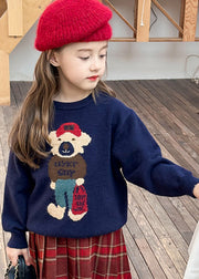 Fine Navy O-Neck Graphic Cotton Knit Kids Girls Sweaters Winter