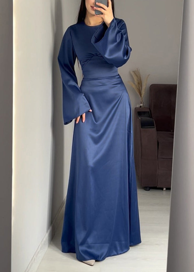 Fine Navy O Neck Lace Up Slim Fit Silk Long Dress Spring