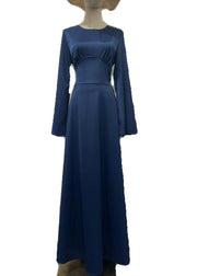 Fine Navy O Neck Lace Up Slim Fit Silk Long Dress Spring