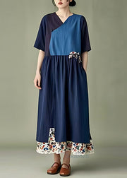 Fine Navy Oversized Patchwork Cotton Robe Dresses Summer