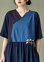 Fine Navy Oversized Patchwork Cotton Robe Dresses Summer