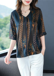 Fine Navy V Neck Print Patchwork Silk Shirt Summer