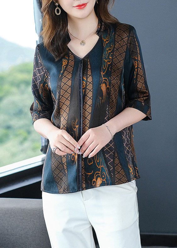 Fine Navy V Neck Print Patchwork Silk Shirt Summer