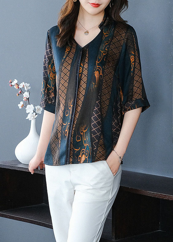 Fine Navy V Neck Print Patchwork Silk Shirt Summer