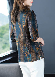 Fine Navy V Neck Print Patchwork Silk Shirt Summer