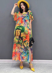 Fine O-Neck Print Side Open Chiffon Party Dress Short Sleeve