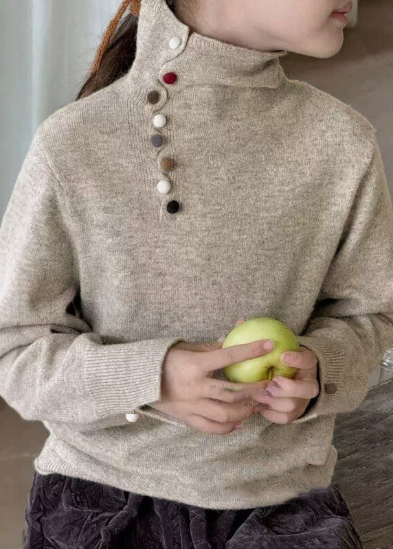 Fine Oatmeal Asymmetrical Button Cotton Knit Kids Sweater Spring