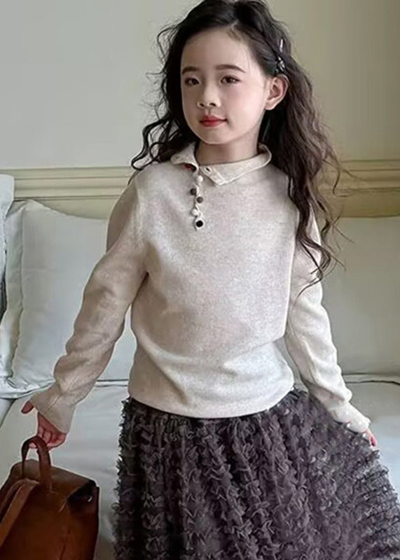 Fine Oatmeal Asymmetrical Button Cotton Knit Kids Sweater Spring