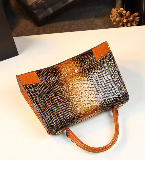 Fine Orange Embossed Calf Leather Tote Handbag