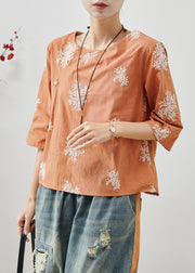 Fine Orange Embroidered Cotton Top Half Sleeve