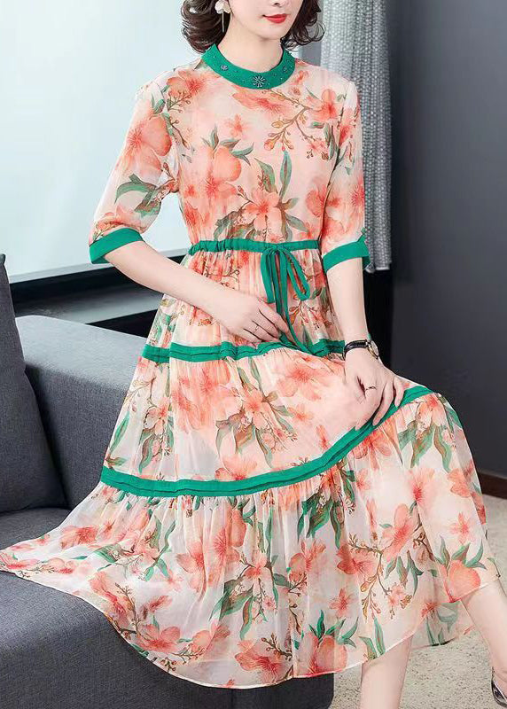 Fine Orange Print Exra Large Hem Chiffon Cinched Dress Summer