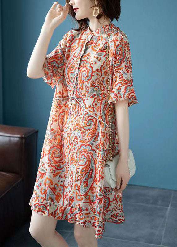 Fine Orange Stand Collar Print Patchwork Chiffon Dresses Summer