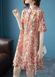 Fine Orange Stand Collar Print Patchwork Chiffon Dresses Summer