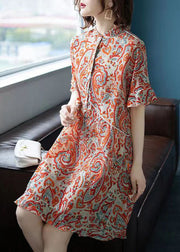 Fine Orange Stand Collar Print Patchwork Chiffon Dresses Summer