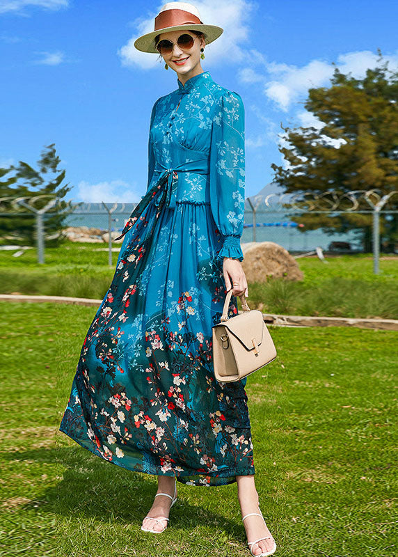 Fine Peacock Blue Mandarin Collar Ruffled Print Chiffon Cinch Dresses Spring