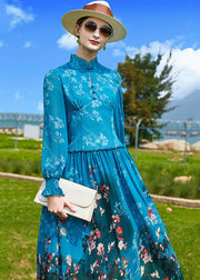 Fine Peacock Blue Mandarin Collar Ruffled Print Chiffon Cinch Dresses Spring