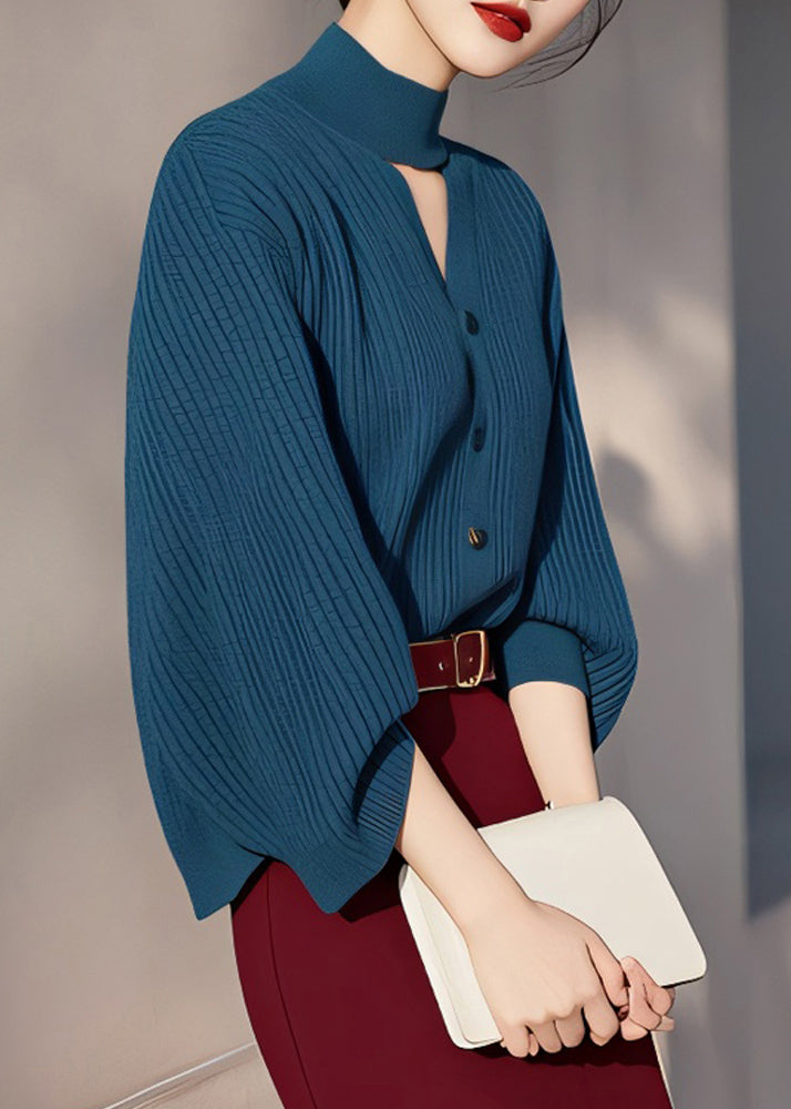 Fine Peacock Blue Turtleneck Hollow Out Cotton Knit Sweater Spring