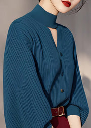 Fine Peacock Blue Turtleneck Hollow Out Cotton Knit Sweater Spring