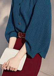 Fine Peacock Blue Turtleneck Hollow Out Cotton Knit Sweater Spring