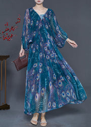 Fine Peacock Green Oversized Feather Print Chiffon Maxi Dress Spring