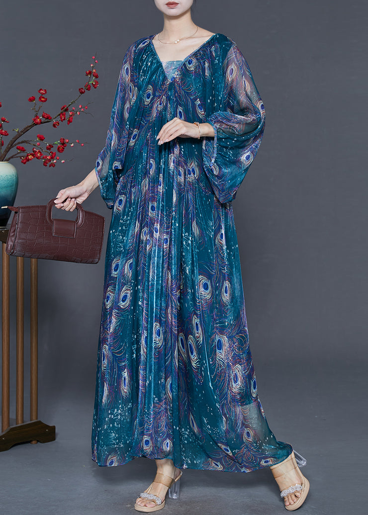 Fine Peacock Green Oversized Feather Print Chiffon Maxi Dress Spring