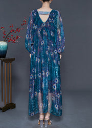 Fine Peacock Green Oversized Feather Print Chiffon Maxi Dress Spring