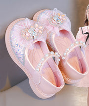 Fine Pink Buckle Strap Crystal Pearl Zircon Girls Flat Shoes