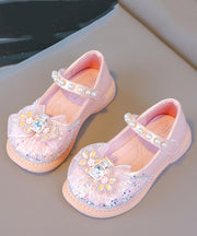 Fine Pink Buckle Strap Crystal Pearl Zircon Girls Flat Shoes