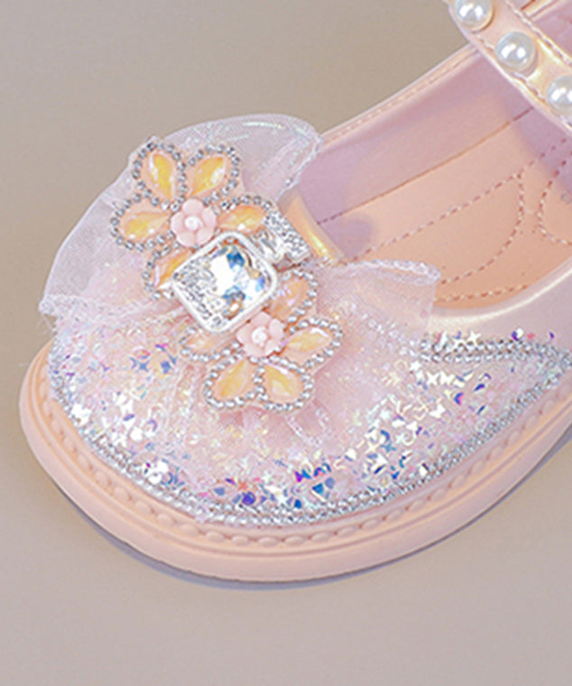 Fine Pink Buckle Strap Crystal Pearl Zircon Girls Flat Shoes