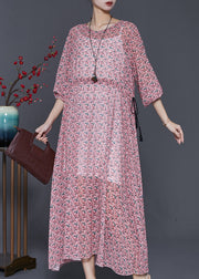 Fine Pink Cinched Print Chiffon Vacation Dresses Summer