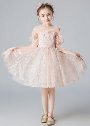 Fine Pink Cold Shoulder Floral Tulle Kids Mid Dress Summer