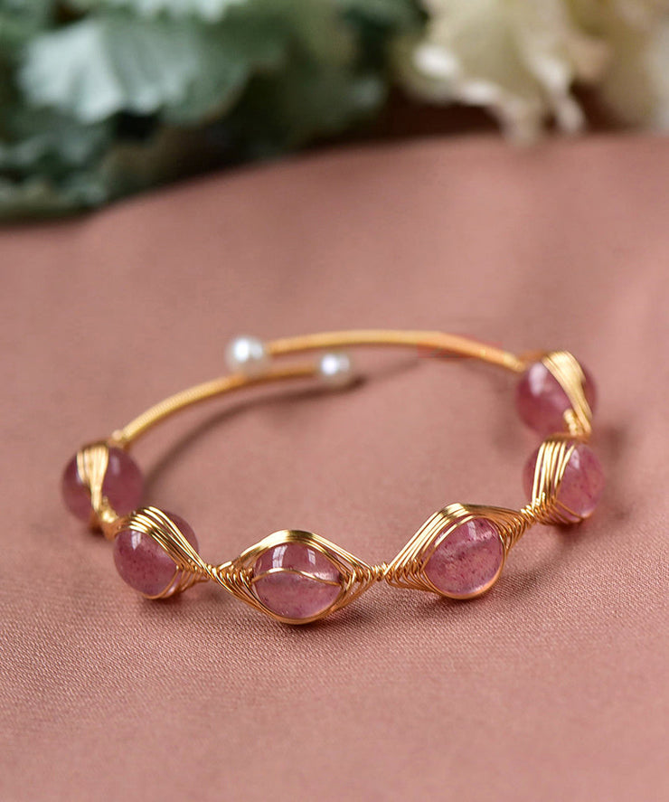 Fine Pink Crystal Patchwork 14K Gold Bangle