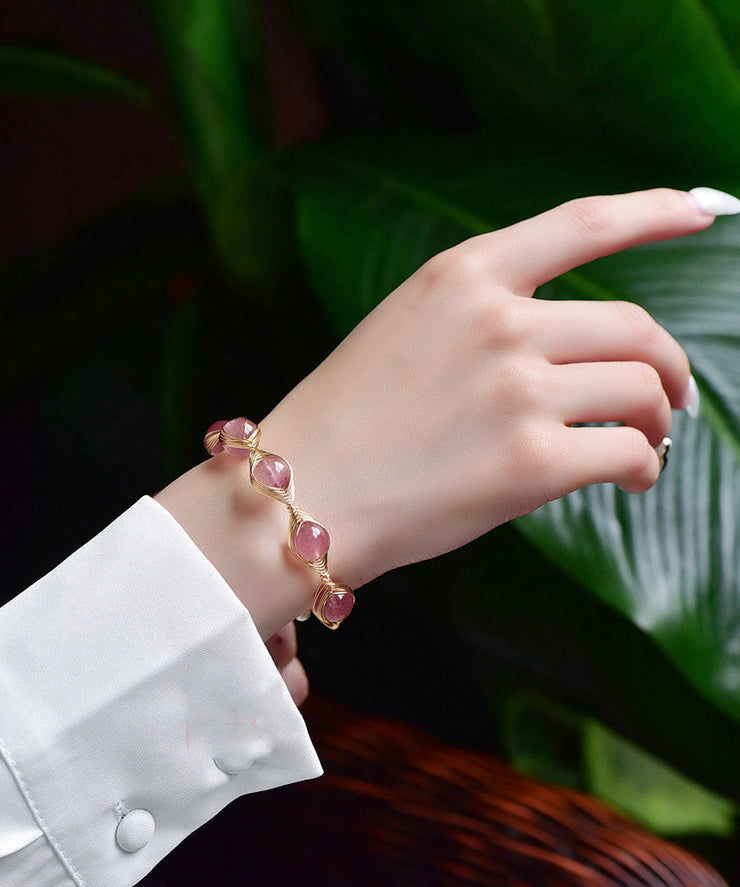 Fine Pink Crystal Patchwork 14K Gold Bangle