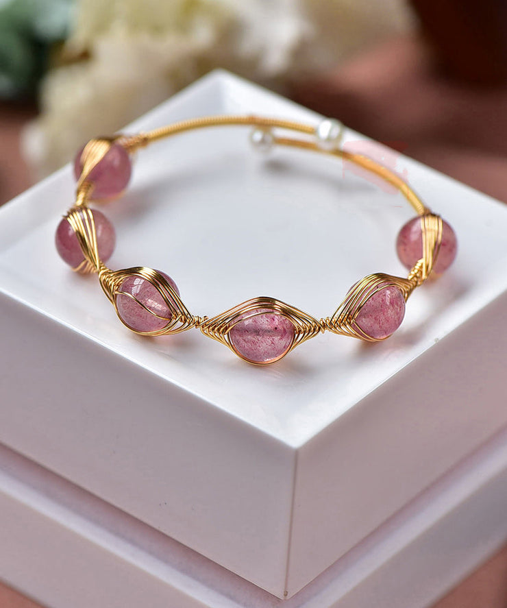 Fine Pink Crystal Patchwork 14K Gold Bangle