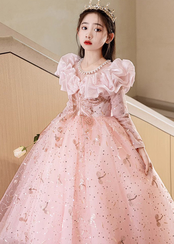 Fine Pink Embroideried Patchwork Tulle Kids Maxi Dress Fall