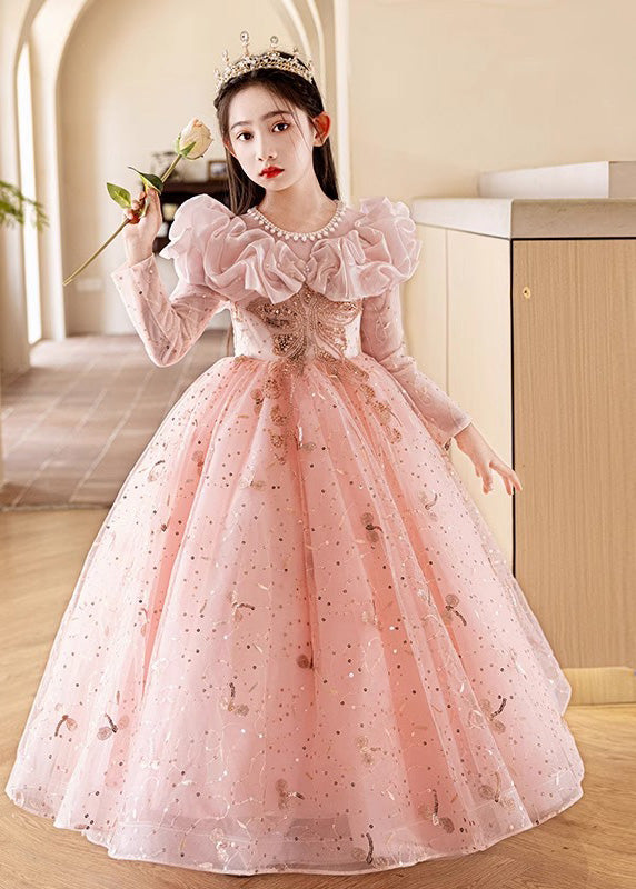 Fine Pink Embroideried Patchwork Tulle Kids Maxi Dress Fall