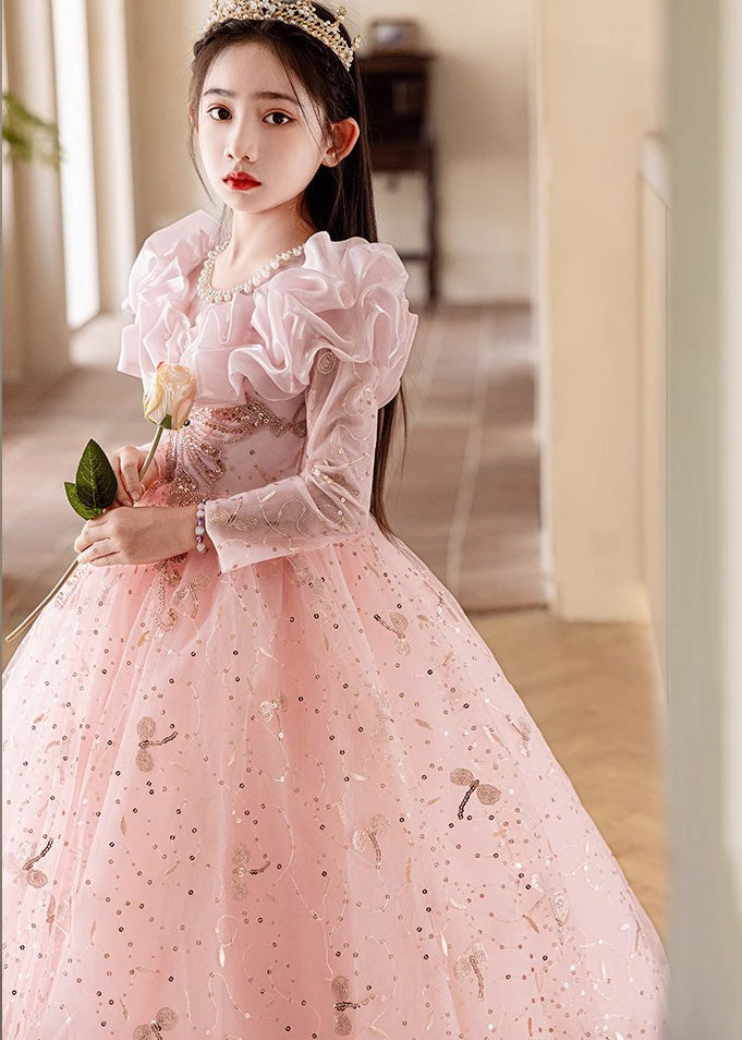 Fine Pink Embroideried Patchwork Tulle Kids Maxi Dress Fall