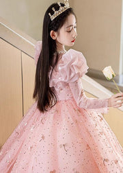 Fine Pink Embroideried Patchwork Tulle Kids Maxi Dress Fall