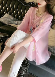 Fine Pink O-Neck Embroideried Floral Button Silk Shirt Summer