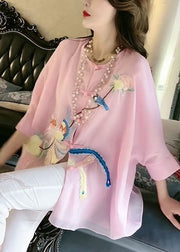 Fine Pink O-Neck Embroideried Floral Button Silk Shirt Summer