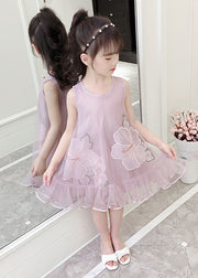 Fine Pink O-Neck Patchwork Embroideried Patchwork Tulle Girls Long Dresses Sleeveless