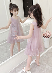 Fine Pink O-Neck Patchwork Embroideried Patchwork Tulle Girls Long Dresses Sleeveless